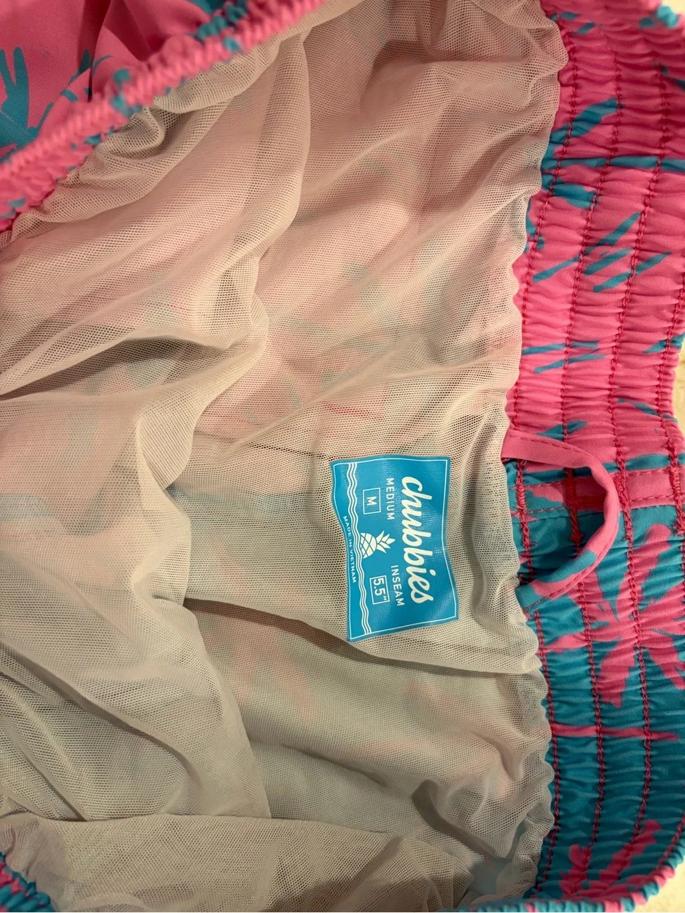 chubbies 7” Pink and Teal Palm-Print Swim Trunks